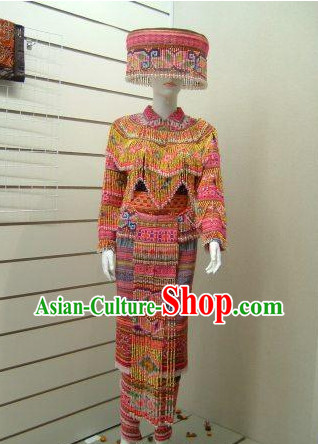 Chinese Traditional Miao Tribe Minority Clothing and Hat Complete Set