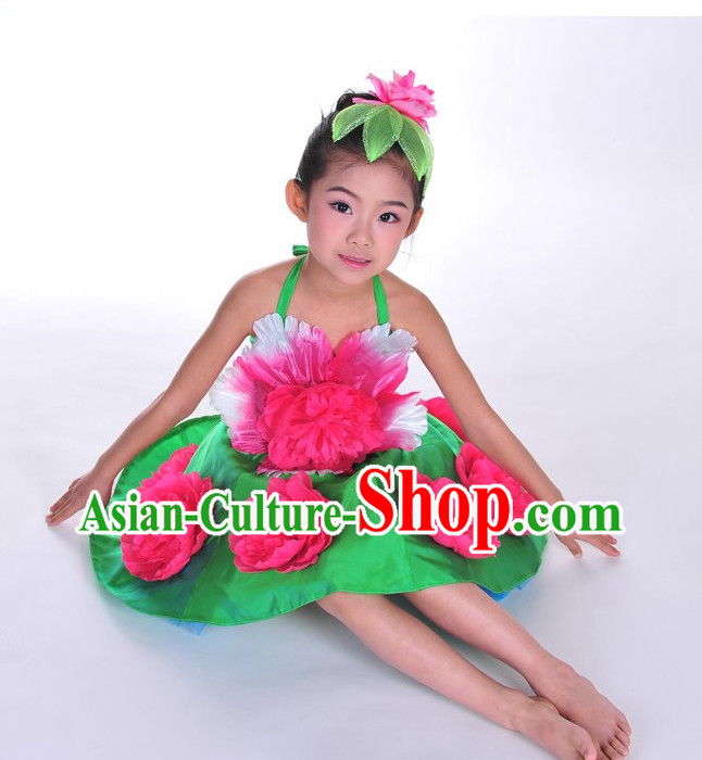 Oriental Clothing Chinese Children's Festival Penoy Dance Costumes and Peony Headdress Complete Set