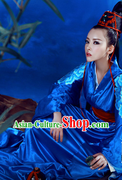 Asian Chinese Traditional Blue Hanfu Clothes for Ladies