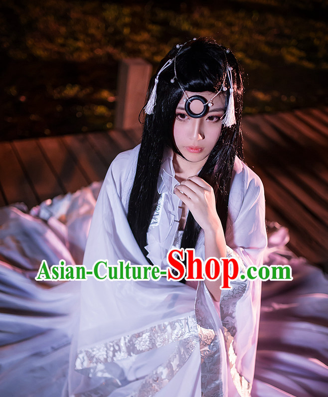 Chinese White Hanfu Costumes Asia Fashion Ancient China Culture and Hair Accessories Complete Set