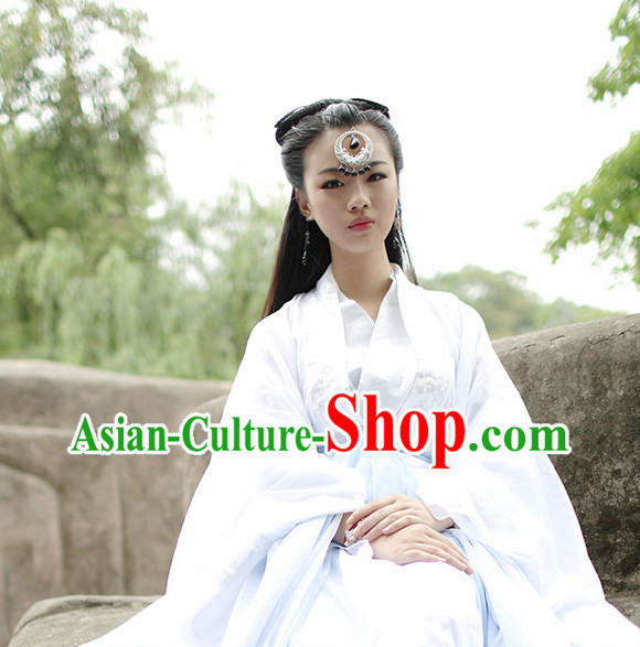 Asia Fashion Ancient China Culture Chinese White Princess Costumes and Hair Accessories Complete Set