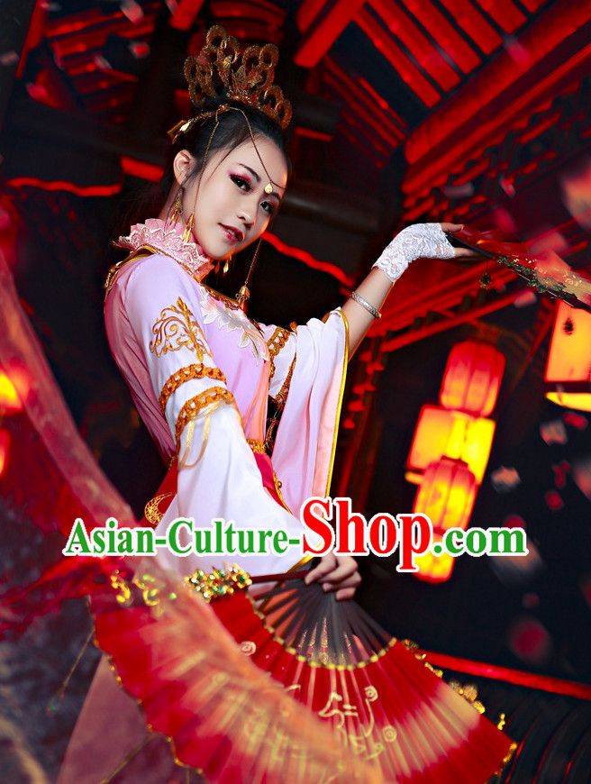 Asia Fashion Chinese Fan Dance Costumes and Hair Accessories Complete Set