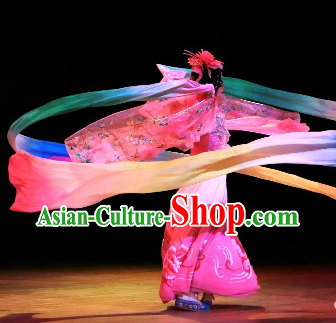 Chinese Classical Ribbon Dance Costumes and Headwear Complete Set