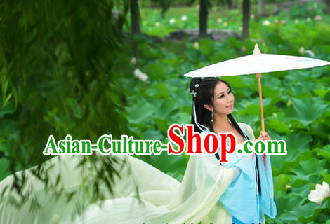 Chinese Traditional Umbrella Dancing Costume and Hair Ornaments Complete Set