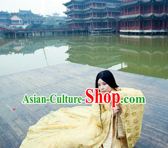 Chinese Traditional Princess Gold Costume and Long Black Wig Complete Set