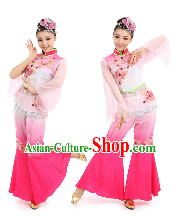 Chinese Traditional Fan Dance Costumes Suppy and Headwear Complete Set