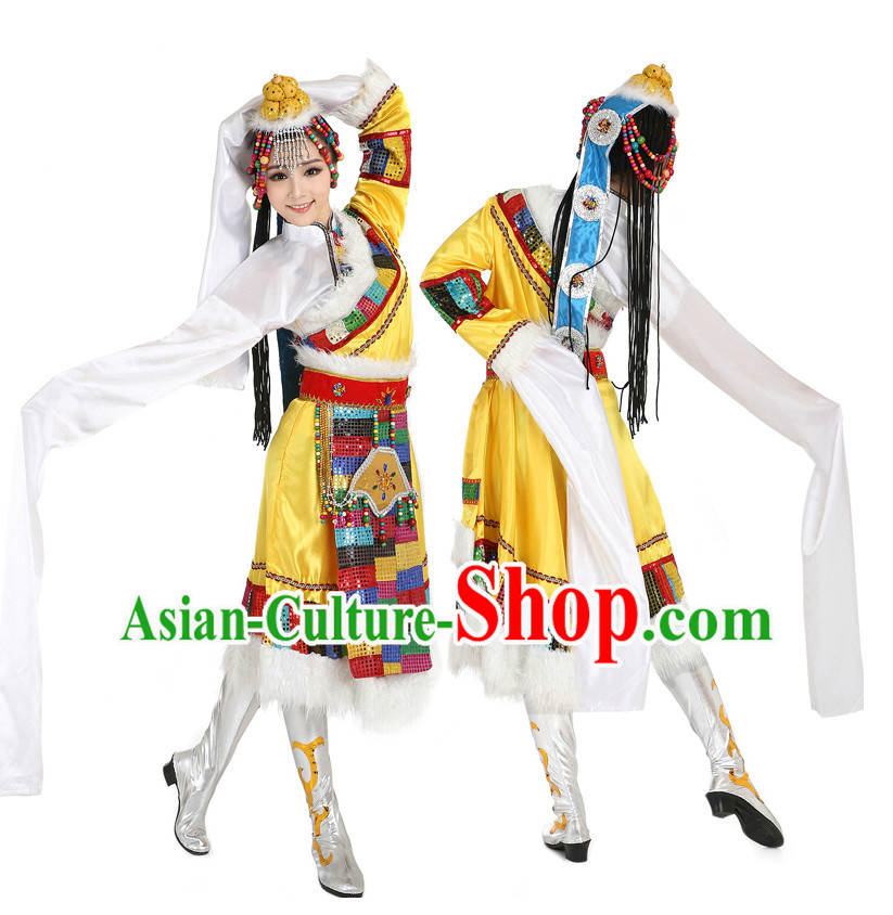 Chinese Traditional Tibetan Dance Costumes Suppy and Headpieces Complete Set