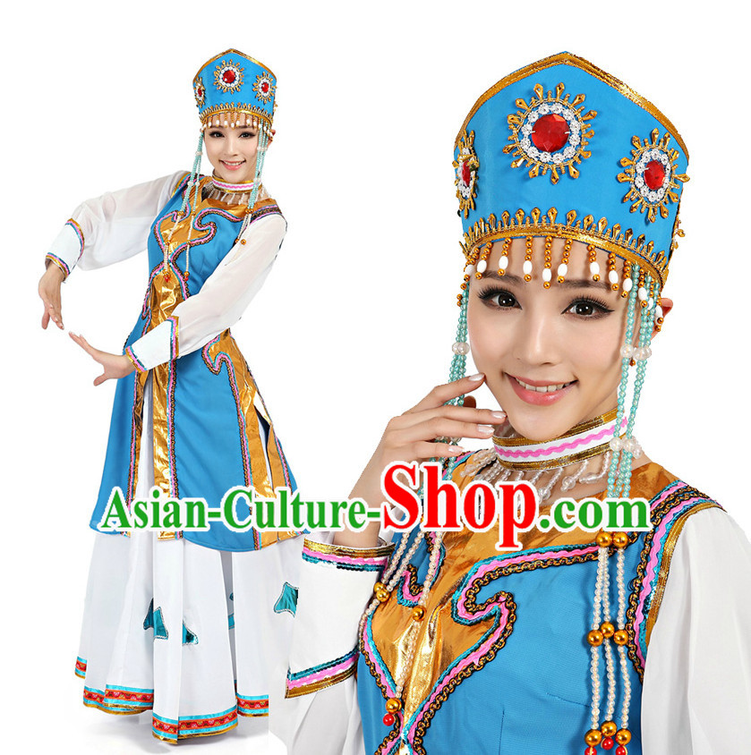 Chinese Mongolia Dance Costumes Apparel Dance Stores Dance Gear Dance Attire and Hair Accessories Complete Set for Women