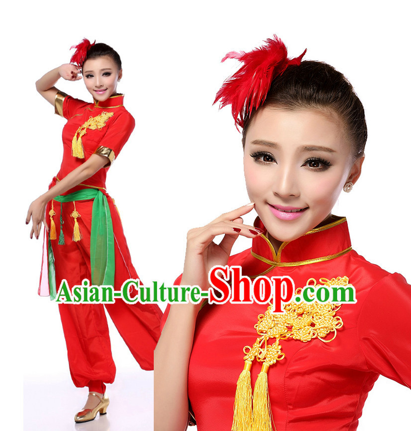 Chinese Fan Dance Costumes Apparel Dance Stores Dance Gear Dance Attire and Hair Accessories Complete Set for Women