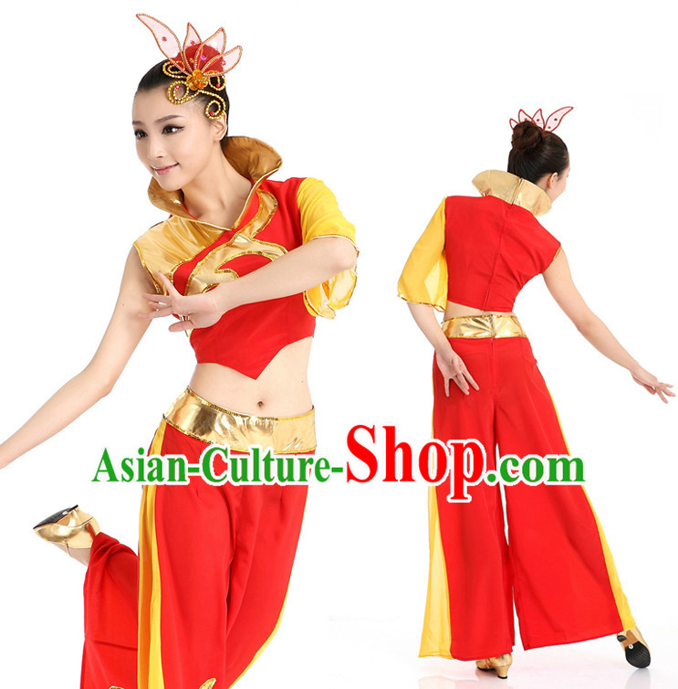 Chinese High Collar Ribbon Dance Costumes Apparel Dance Stores Dance Gear Dance Attire and Hair Accessories Complete Set for Women