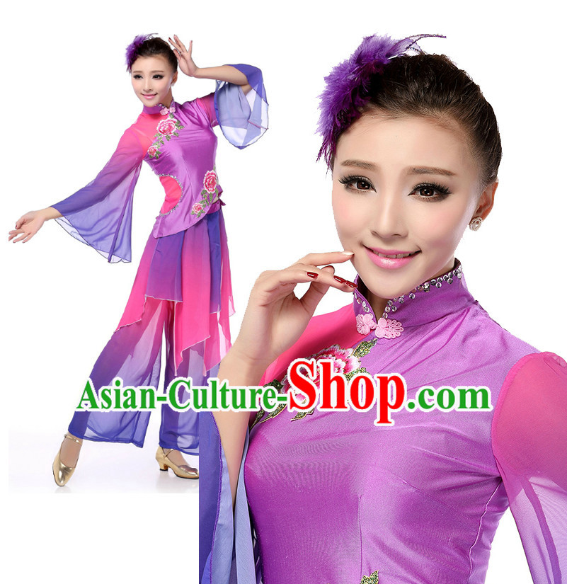 Chinese Traditional Fan Dance Apparel Dance Attire and Headpiece Complete Set for Women