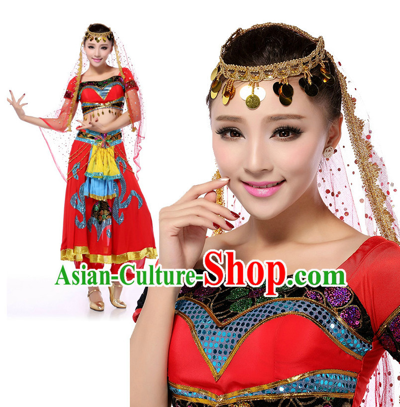 Indian Traditional Classical Peony Dancing Apparel Dance Attire and Headpiece Complete Set for Women