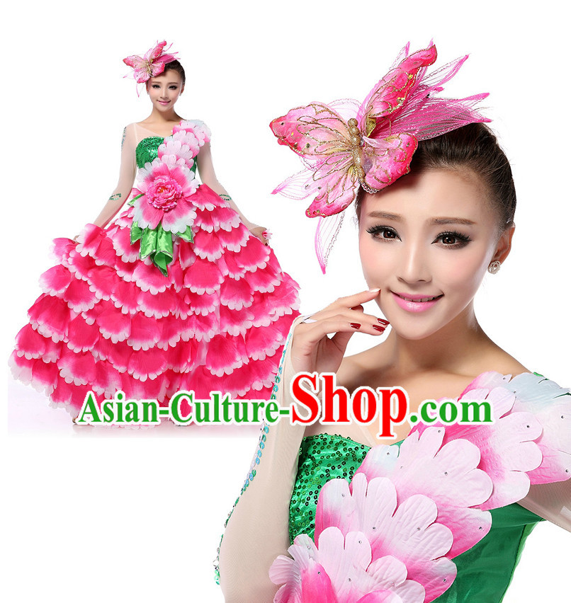 Chinese Traditional Flower Dancing Apparel Dance Attire and Headpiece Complete Set for Women