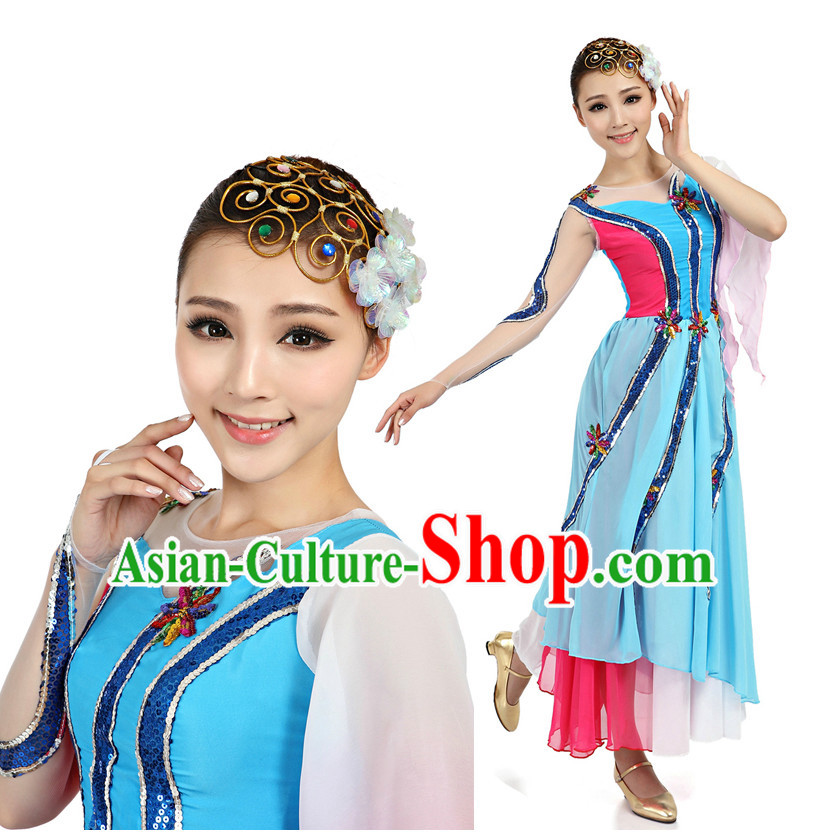 Asian Chinese Professional Stage Costumes Dance Stores Dance Gear Dance Attire and Hair Accessories Complete Set