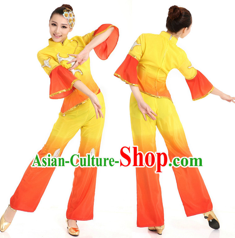 Asian Chinese Classical Fan Dancing Costume Dance Stores Dance Gear Dance Attire and Hair Accessories Complete Set