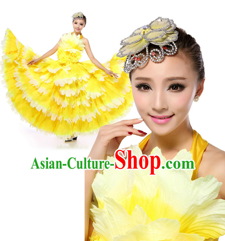 Asian Chinese Petal Dance Costume Dance Stores Dance Gear Dance Attire and Hair Accessories Complete Set