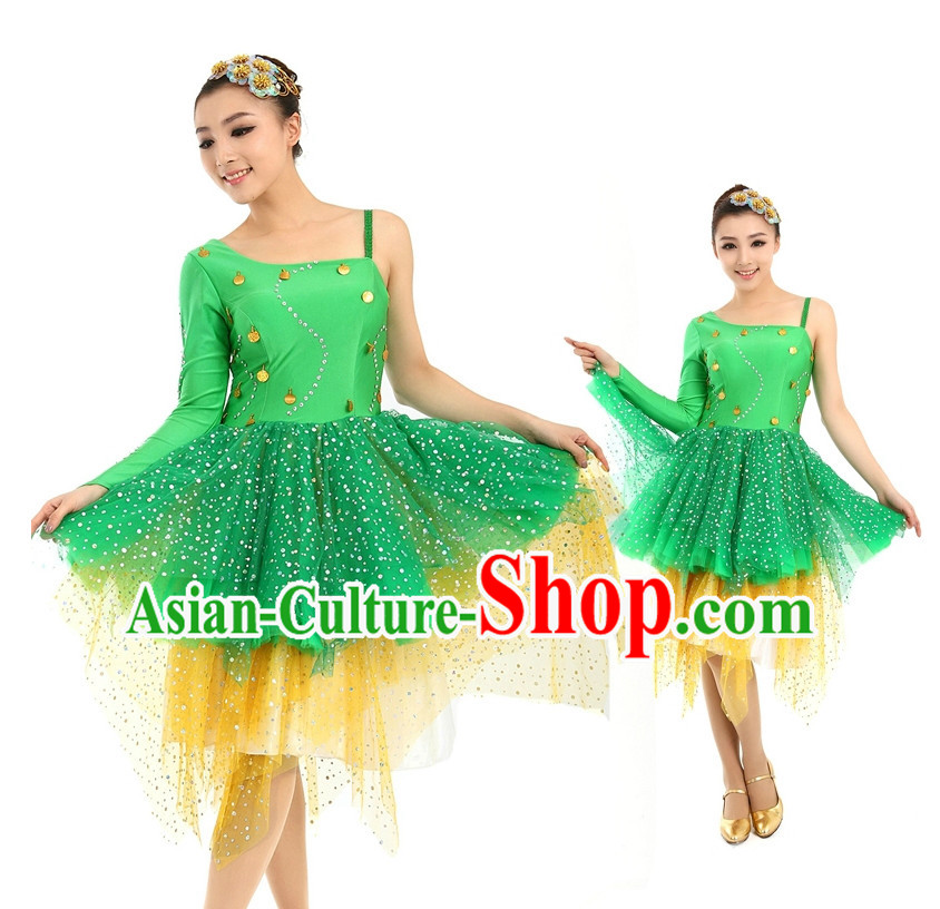 Asian Chinese Dance Costume Dance Attire and Hair Accessories Complete Set