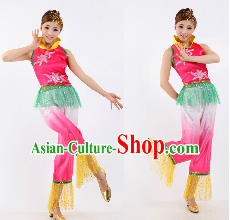 Asian Chinese Fan Dance Costume Dance Attire and Hair Accessories Complete Set