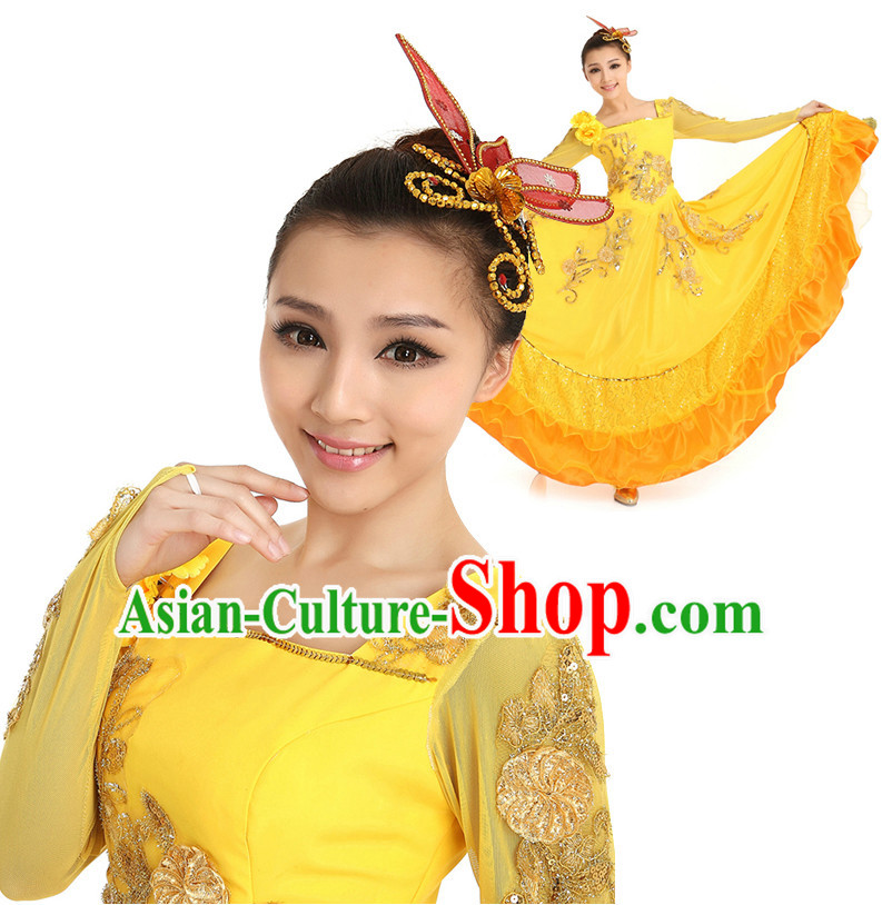 Asian Chinese Fan Dancing Costume Dance Attire and Hair Accessories Complete Set