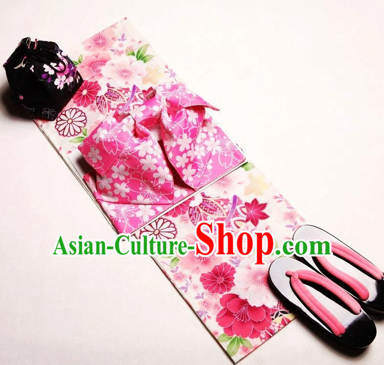 Japanese Pink Flower Yukata Female Kimono Complete Set