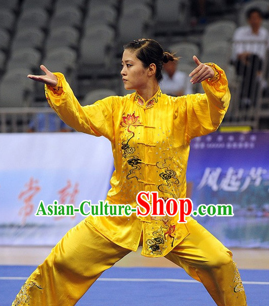 Top Lotus Embroidery Gold Tai Chi Qi Gong Yoga Clothing Yoga Wear Yoga Pants Yang Tai Chi Quan Uniforms for Women