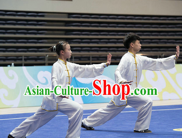 Top White Tai Chi Costumes Taijiquan Costume Aikido Chikung Tichi Uniforms Quigong Uniform Thaichi Martial Art Qi Gong Combat Clothing Competition Uniforms for Women or Men