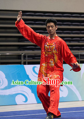 Top Red Dragon Embroidery Tai Chi Costumes Taijiquan Costume Aikido Chikung Tichi Uniforms Quigong Uniform Thaichi Martial Arts Qi Gong Combat Clothing Competition Suit for Men