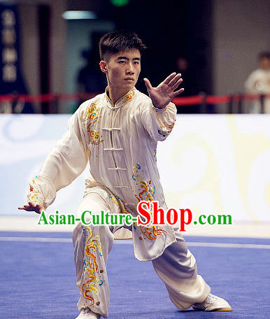 Top Embroidered Lotus Tai Chi Swords Championship Costumes Taijiquan Uniforms Quigong Uniform Thaichi Martial Arts Qi Gong Kung Fu Combat Clothing Competition Clothes for Men