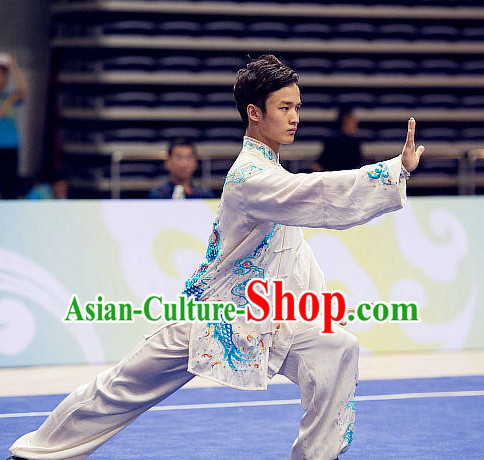 Top Embroidered Dragon Tai Chi Swords Championship Costumes Taijiquan Uniforms Quigong Uniform Thaichi Martial Arts Qi Gong Kung Fu Combat Clothing Competition Clothes for Men