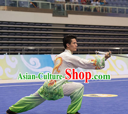 Top Embroidered Dragon Tai Chi Swords Championship Costumes Taijiquan Uniforms Quigong Uniform Thaichi Martial Arts Qi Gong Kung Fu Combat Clothing Competition Clothes for Men