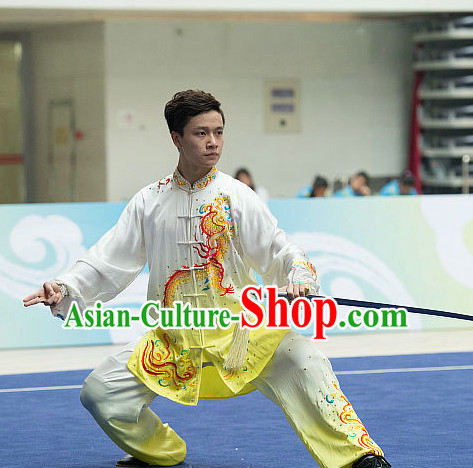 Top Embroidered Tai Chi Sword Championship Costumes Taijiquan Costume Aikido Chikung Tichi Swords Uniforms Quigong Uniform Thaichi Martial Arts Qi Gong Combat Clothing Competition Uniforms