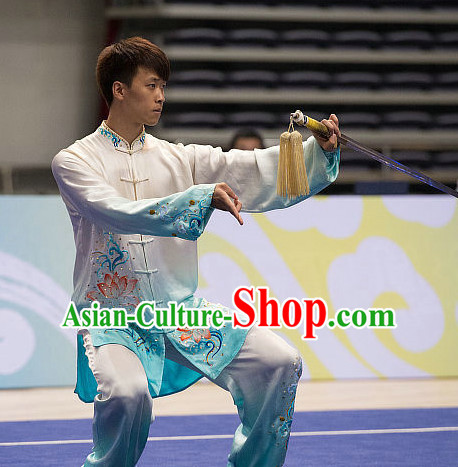 Top Embroidered Dragon Tai Chi Swords Championship Costumes Taijiquan Uniforms Quigong Uniform Thaichi Martial Arts Qi Gong Kung Fu Combat Clothing Competition Clothes for Men