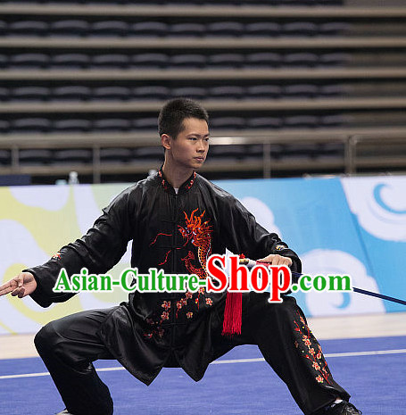 Top Embroidered Dragon Tai Chi Swords Championship Costumes Taijiquan Uniforms Quigong Uniform Thaichi Martial Arts Qi Gong Kung Fu Combat Clothing Competition Clothes for Men