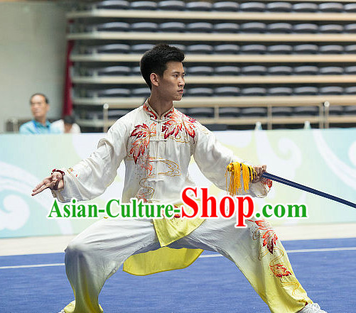 Top Embroidered Tai Chi Sword Championship Costumes Taijiquan Costume Aikido Chikung Tichi Swords Uniforms Quigong Uniform Thaichi Martial Arts Qi Gong Combat Clothing Competition Uniforms