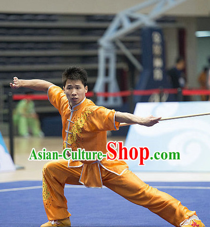 Top Orange Kung Fu Stick Competition Uniforms Kungfu Training Suit Kung Fu Clothing Kung Fu Movies Costumes Wing Chun Costume Shaolin Martial Arts Clothes for Men