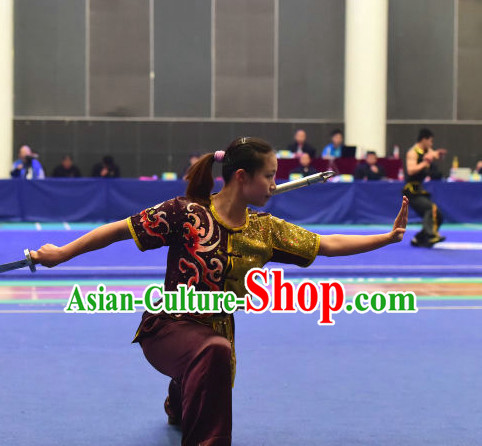 Top Chinese Wushu Double Forks Kung Fu Sword Uniforms Kungfu Uniform Martial Arts Competition Costumes for Women