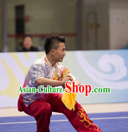 Top Shiny Wing Chun Competition Uniform Kung Fu Costume Complete Set for Men