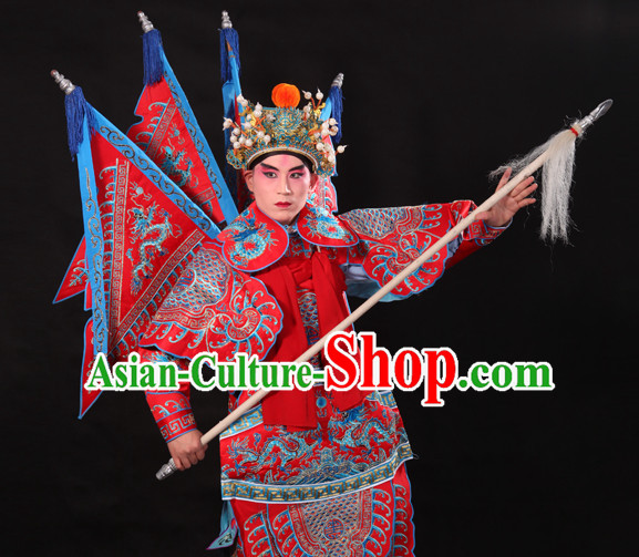 Chinese Beijing Opera Wu Sheng Fighting or Military Character Armor Costumes Flags and Helmet Full Set for Men