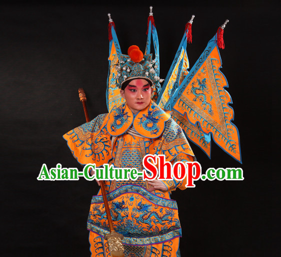 Chinese Yellow Beijing Opera Wu Sheng Fighting or Military Character Armor Costumes Flags and Helmet Full Set for Men