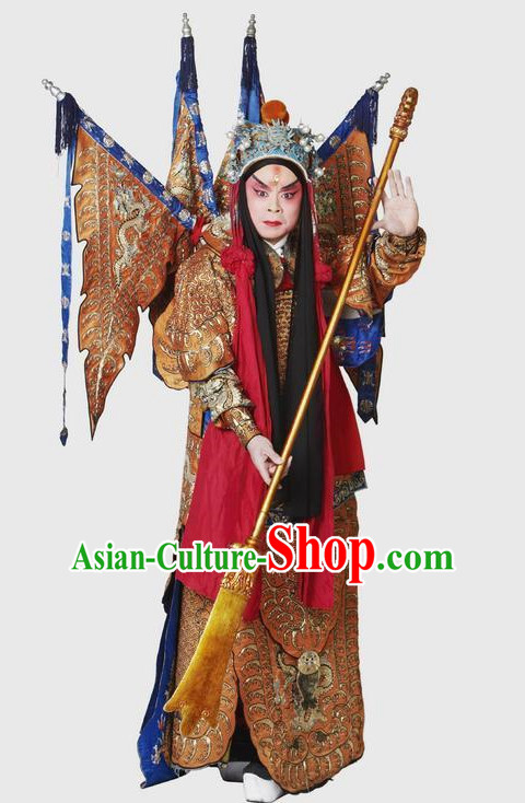 Chinese Yellow Theatrical Costume Beijing Opera Costumes Peking Opera Wu Sheng Embroidered Armor Costumes and Flags for Men
