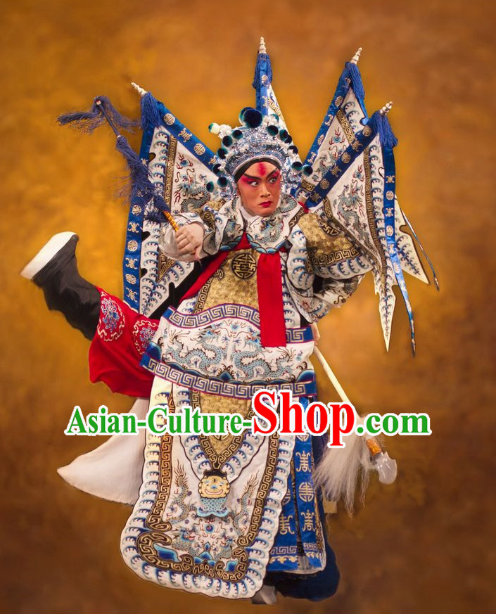 Chinese White Theatrical Costume Beijing Opera Costumes Peking Opera Wu Sheng Embroidered Armor Costumes and Flags for Men