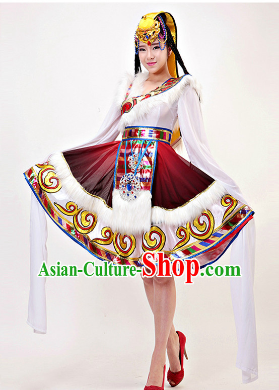 Traditional Chinese Tibetan Long Sleeev Dance Costumes Complete Set for Women