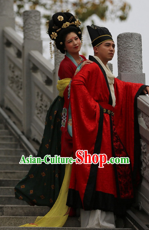 Chinese Tang Wedding Dress Folk Dress and Accessories 2 Complete Sets