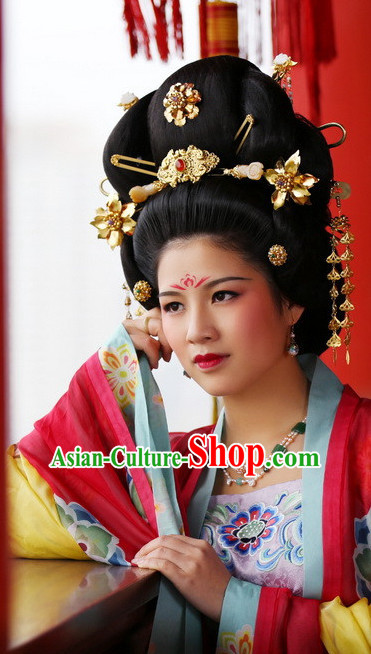 Chinese Traditional Tang Dynasty Black Wig and Hair Accessories