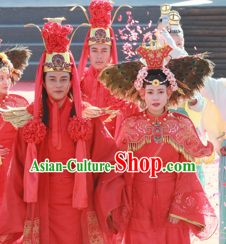 Chinese Ancient Ethnic Minority Wedding Dresses and Headwear 2 Sets