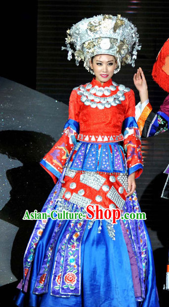 Tradiitonal Chinese Miao Ethnic National Costumes and Hat Complete Set for Women