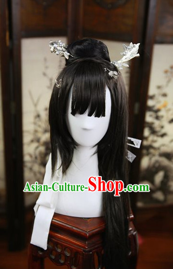 Chinese Traditional Black Long Wig and Hair Accessories