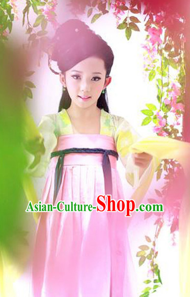 Pink Chinese Ancient Tang Dynasty Kids Costumes and Headpieces Complete Set