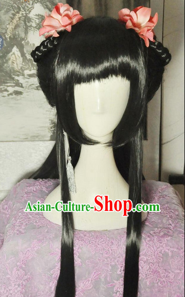 Chinese Style Black Long Wig and Hair Accessories for Girls