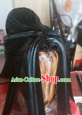 Chinese Ancient Style Kung Fu Swordswomen Scholar Men's Long Black Wigs